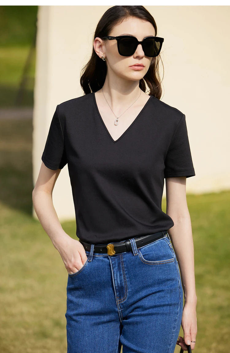 AMII Minimalism 100% Cotton Hollow Out Solid Short Sleeves Tees 2025 Spring New V Neck Top Women Casual Female T Shirt 12342289