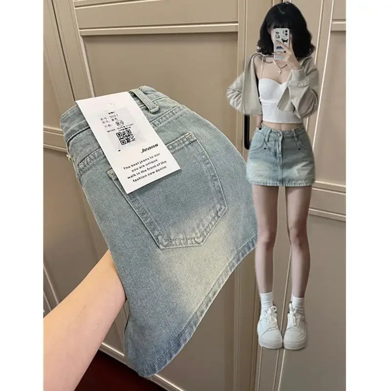 American Style Vintage High-waisted Slimming Denim Skirt For Women Casual Summer Petite A- line Short Skirt