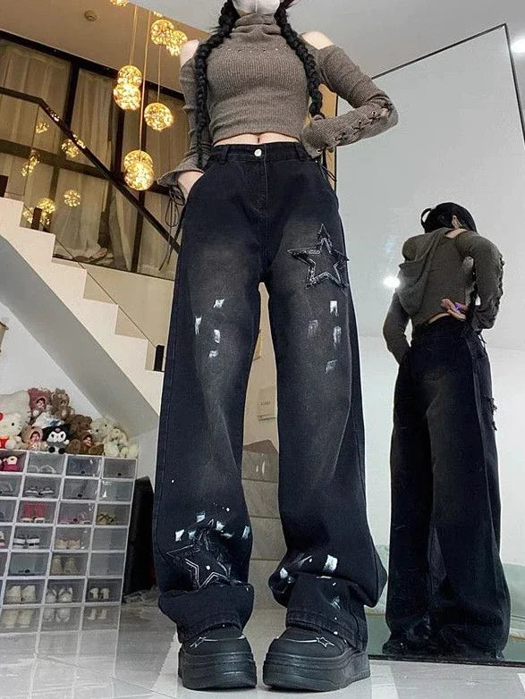 With Pockets Black Trousers Star Straight Leg Pants for Women High Waist Shot Womens Jeans Trend 2024 Pant Loosefit Grunge Y2k Z