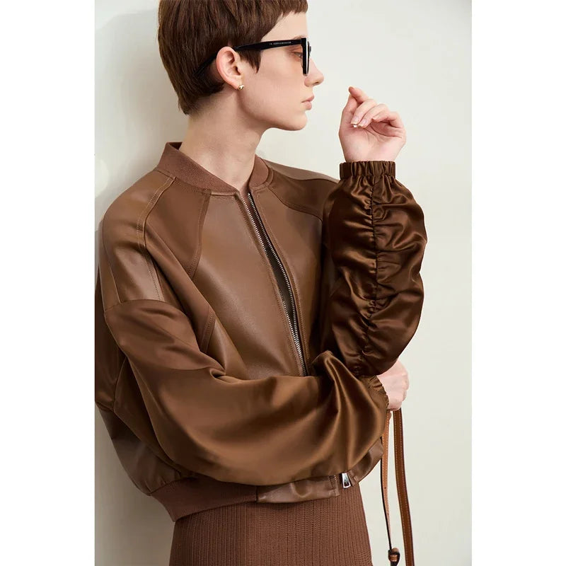 Amii Minimalism PU Leather for Women 2024 Autumn New Casual Handsome Baseball Collar Zipper Short Retro Female Jacket 12423080
