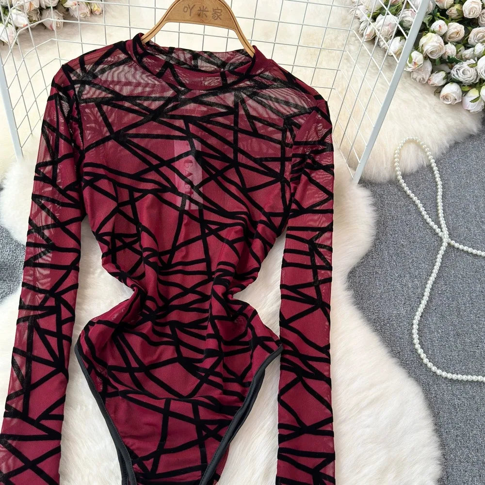 Foamlina Sexy Hollow Out Mesh Bodysuits for Women Fashion Striped Print Stand Collar Long Sleeve Slim Fit Club Party Jumpsuits