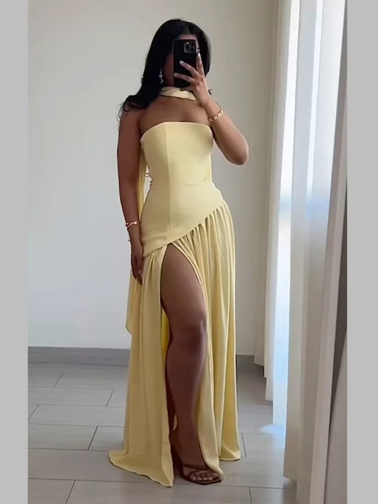 Butter Yellow Scarf Neck Split Long Dress Women Elegant Strapless Slim Fit High Waist Vestidos 2025 Lady Evening Party Gowns New