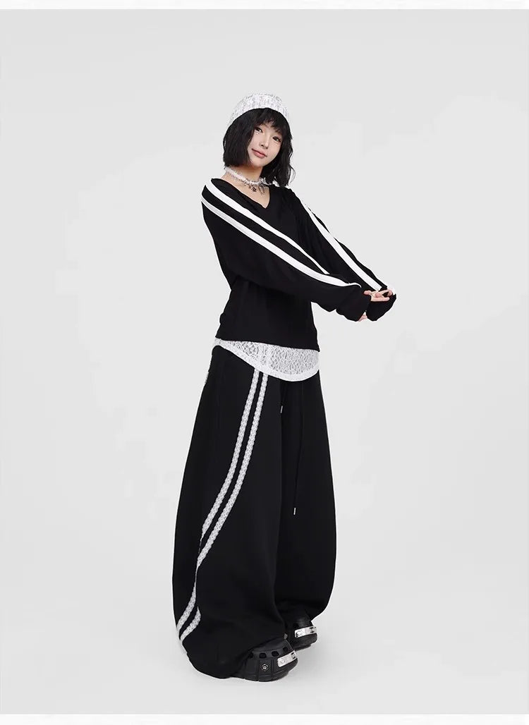 CBXLAB Street Dance Women' s Black lace pull-tab jazz pants K-pop spicy girl long pants street leisure pants trendy.