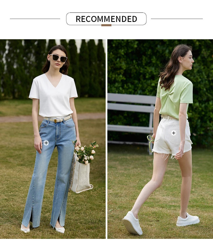 AMII Minimalism 100% Cotton Hollow Out Solid Short Sleeves Tees 2025 Spring New V Neck Top Women Casual Female T Shirt 12342289