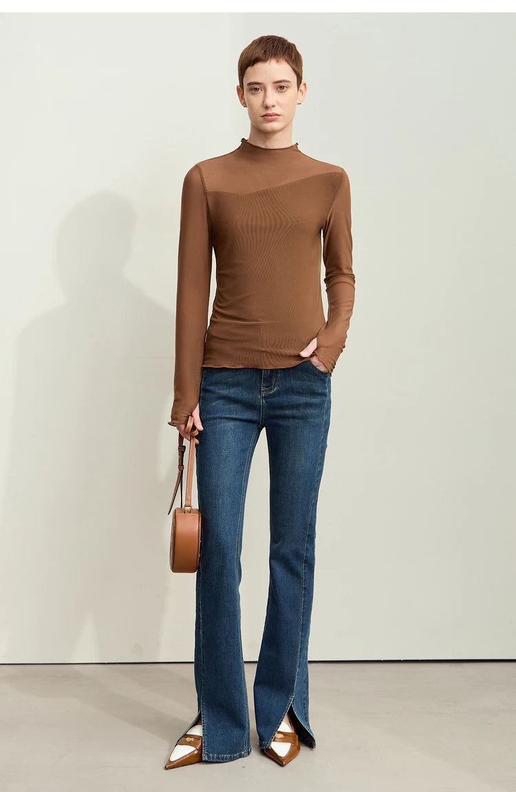 Amii Minimalism Mesh T-shirts For Women 2025 Spring New Office Lady Half-high Neck Micro Perspective Slim Retro Shirt 12423055