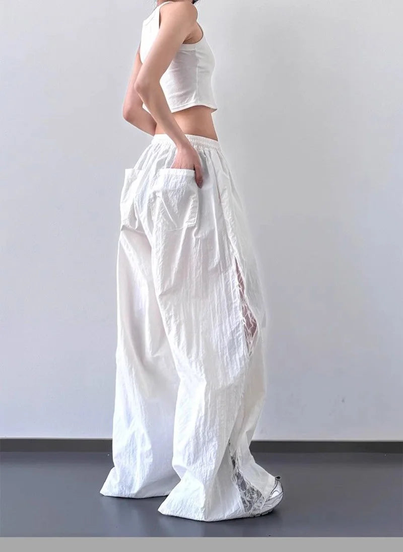Jmprs Lace Patchwork Wide Leg Pants Women Oversize Streetwear High Waist Vintage Trousers Korean Casual Summer Sweet Retro Pants