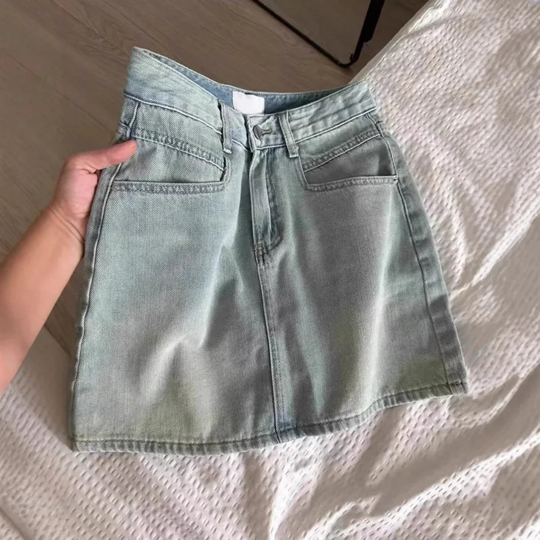 American Style Vintage Denim Skirt Women's Summer 2025 New Plus Size Slimming A- Line Mini Dress Hiding Belly Minimalist Design