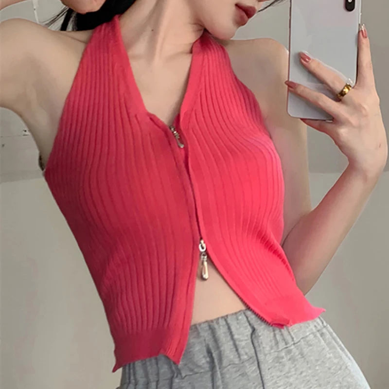 V-neck Camis Women Hotsweet Sexy Halter Crop Tops Zipper Streetwear Pure Sleeveless Chic