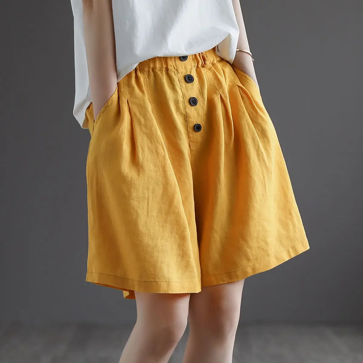Vintageartistic High-waisted Slimming Cotton Linen Shorts For Women Casual Loose-fit Bell Bottoms 2024 New Style