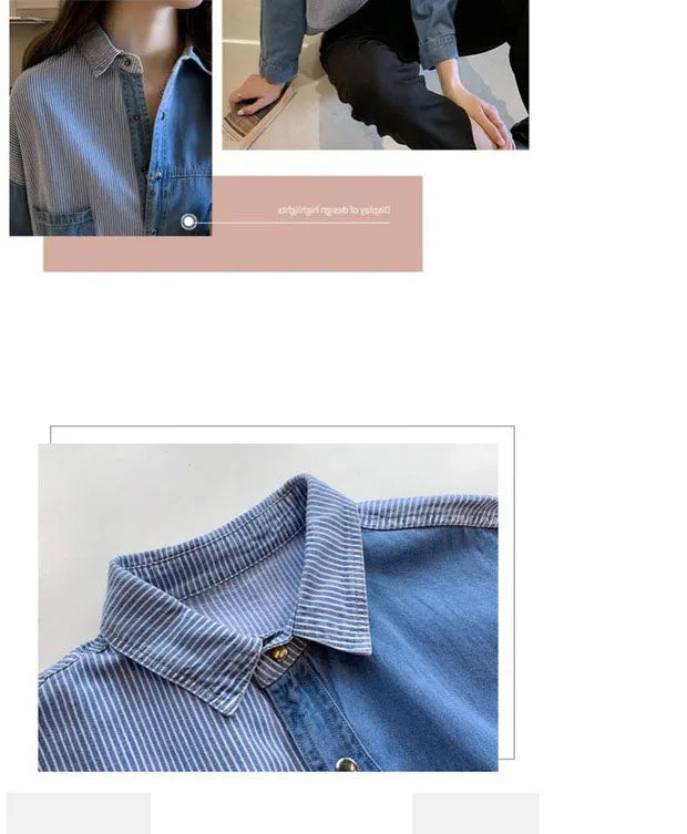 Womens' Splicing Striped Shirt Fashion Spring Autumn Versatile Thin Outerwears Korean Fashion Loose Blue Denim Jackets