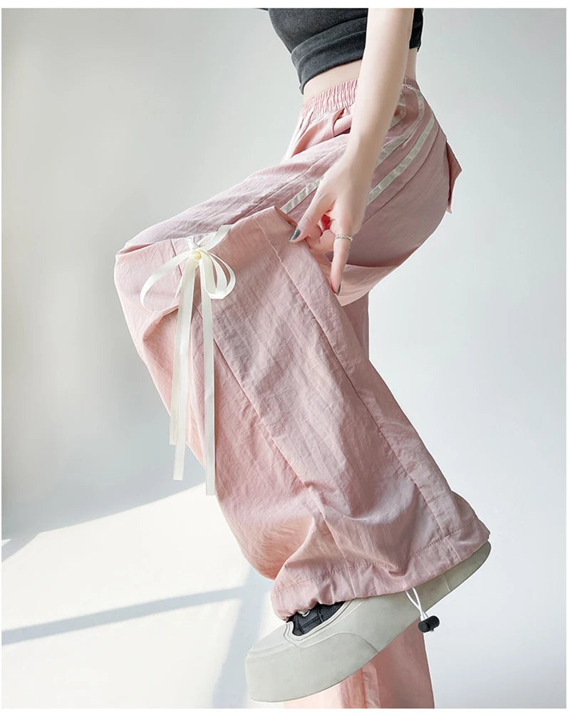 Zoki Dopamine Women Summer Pants Fashion Striped Bow Loose Multicolor Cargo Pants Casual Bf Ladies Trousers New