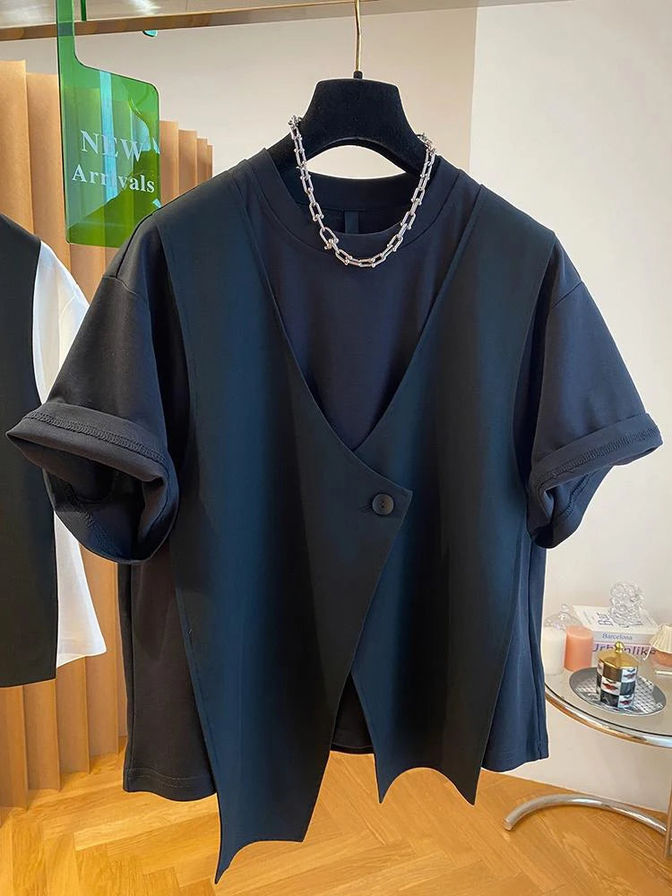Fashion Fake Two Piece T Shirt Women Niche Design Sense T-shirt Loose Casual Stitching Vest Button Short Sleeve Tshirt
