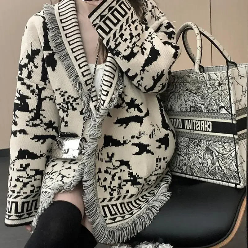 Spring Autumn New Tweed Style Socialite Elegant Knitted Cardigan Top Vintage Feeling Jacquard Fringed Jacket School
