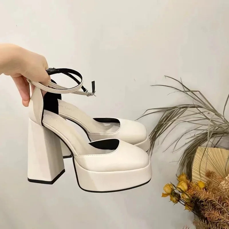 Barbie Style Women's Sandals with Buckle Waterproof Platform Fairy Tale Thick Heel High Heels Square Head French Style Shoes