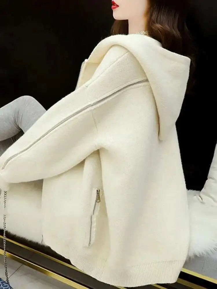 [EWQ] Big Size Long Sleeve Hooded Zipper Decorate Blue Knit Cardigan Women Thick Sweater Jacket 2024 Autumn New Fashion 16O2559