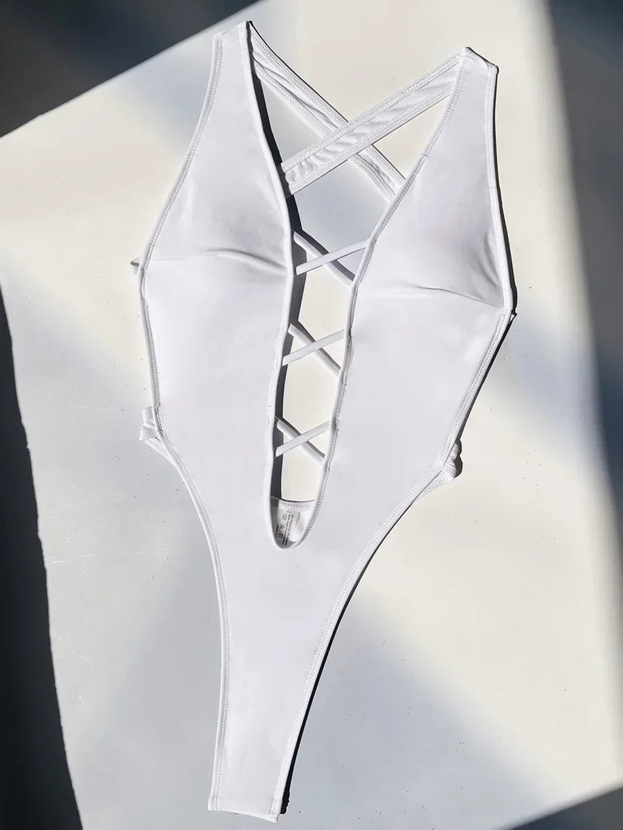 Deep V Neck Wrinkled Cross Backless Female Monokini One Piece Swimsuit Women Thong Swimwear High Cut Bather Bathing Suit Swim