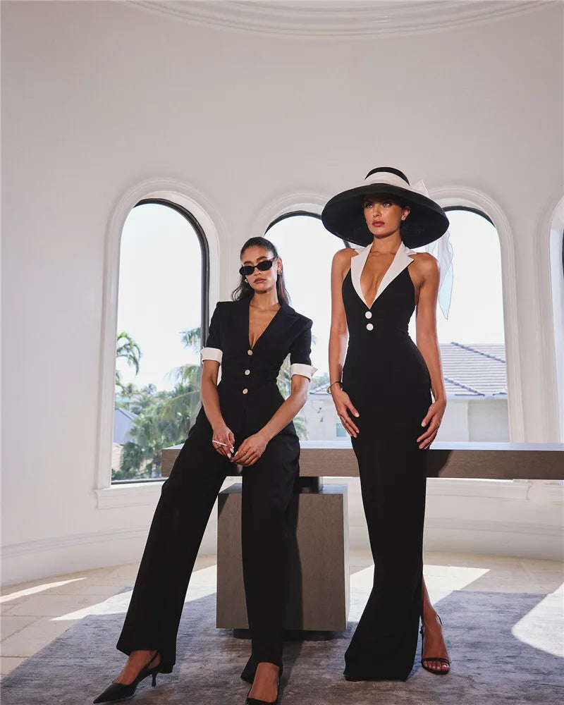 Mozision Halter Backless Sexy Maxi Dress For Women Gown Contrast Color Notched Collar Sleeveless Bodycon Club Party Tank Dress