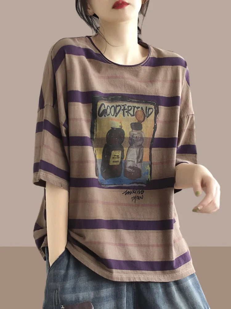 plus Size Women's Cotton T-irt ort Sve Slimming Top Summer Street Sle Printed round Ne Loose Fit Casual Wear