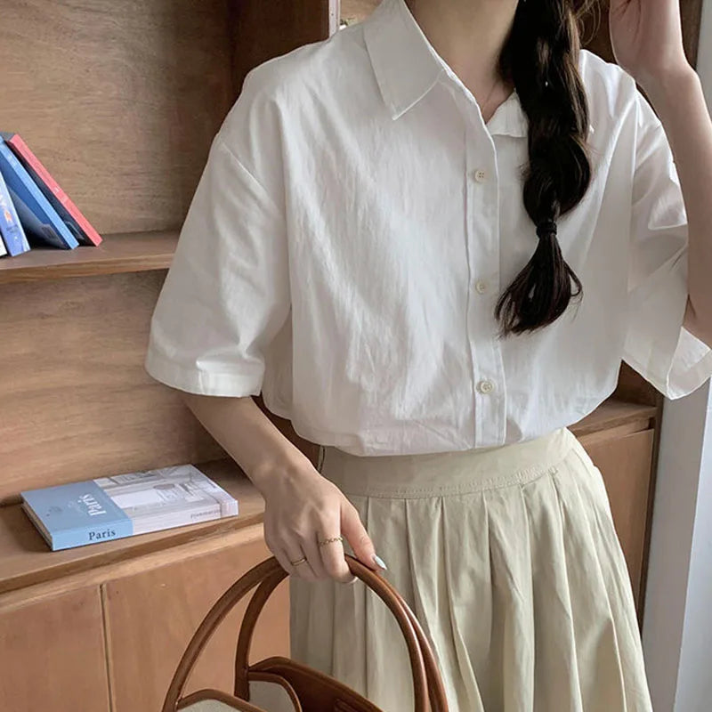 Xpqbb Casual Short Sleeve Shirt Woman Summer All-match Loose Turndown Collar Blouse Female Korean Simple Button Up Work Shirts
