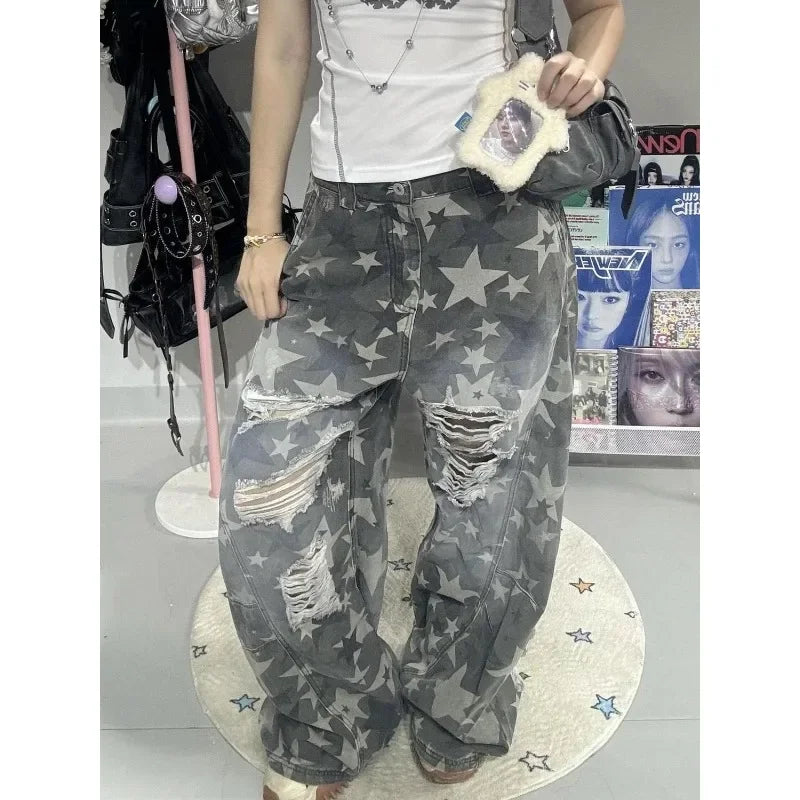 Women's Star Hole American Y2k Washed Distressed Jeans Retro Camouflage Oversized Trend Street Loose Slimming Wide Leg Pants