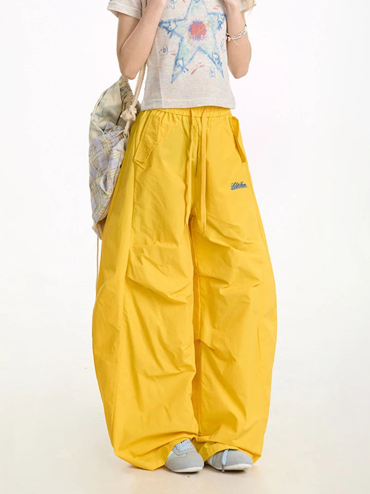 Zoki Streetwear Yellow Cargo Pants Women Vintage Letter High Waist Y2K Wide Leg Trousers High Quality Loose Paratrooper Pants