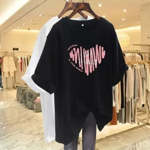 Pink Women's T-shirt Short Sleeve Medium-length Loose-fit Printing Heart Design European Style Casual Wear