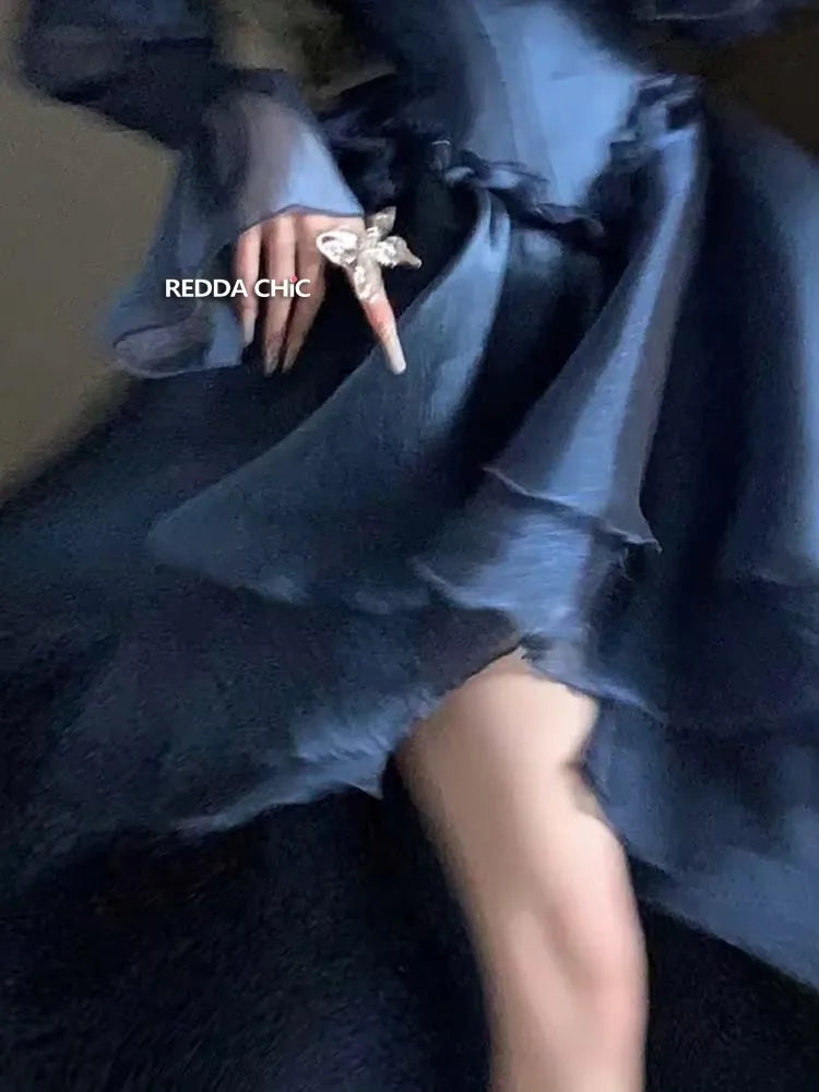 REDDACHiC Royal Blue Beaded Trailing Mini Dress Stain Jacquard Corset Laced Puff Sleeves Princess Dress Women Wedding Party Gown