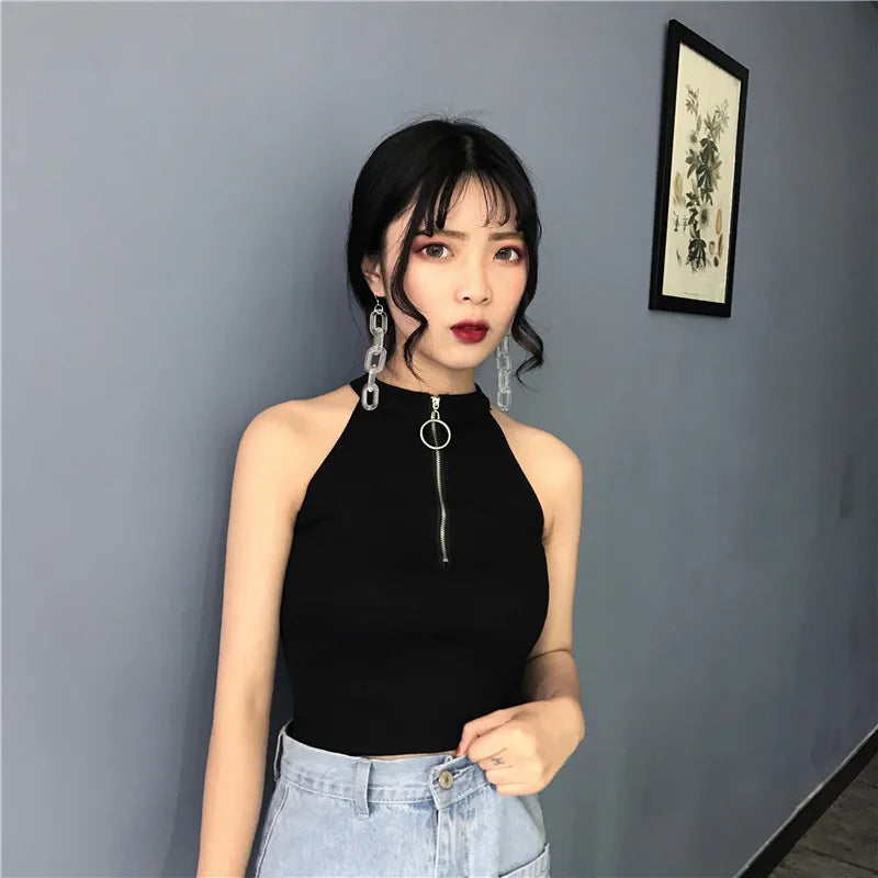 Retro Zipper Crop Tops Women Short Knitted Camisole Sleeveless Leisure Tank Top Camis Summer 2022 New