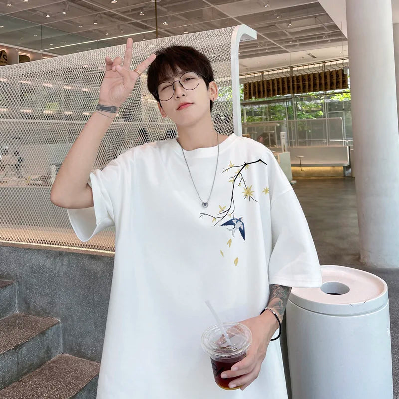 Men's Oversized T-shirts Mens Cotton T Shirt White Casual 5XL Summer Wear Fashion Bird Print Tee Shirts for Men Clothing