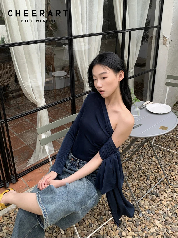 CHEERART Off The Shoulder Designer Top For Women 2024 Long Sleeve T Shirt Fashion Tees Kintted Top Fall Clothes