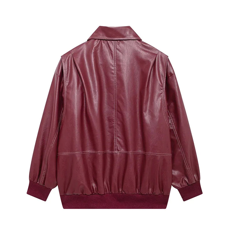 Women's Artificial Leather Short Jacket Retro Red Linen Coat Spliced Zipper Jacket Autumn Women's Lapel Pocket Street Sportswear