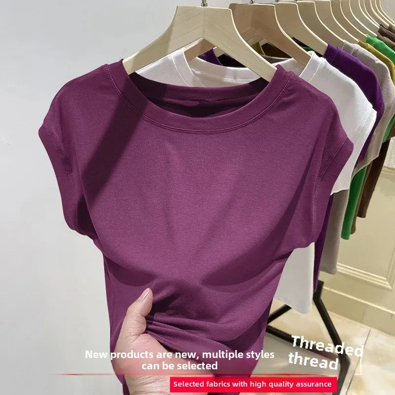 Short Sleeve Ice Silk T-Shirt Women's Loose Fashionable Youthful Small Flying Sleeve Top Knitted Crew Neck Other Pattern Types