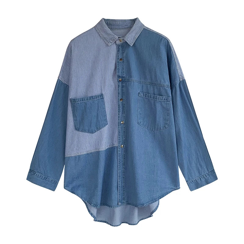 Womens' Splicing Striped Shirt Fashion Spring Autumn Versatile Thin Outerwears Korean Fashion Loose Blue Denim Jackets