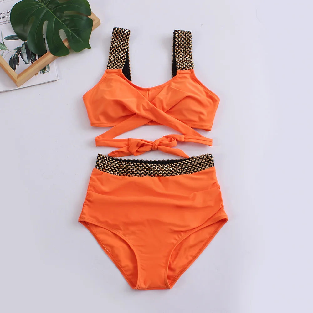 Cross High Waist Bikinis 2025 Women Black Swimwear Solid Swimsuit Female Beachwear Summer Bathers Bathing Suit Swimming