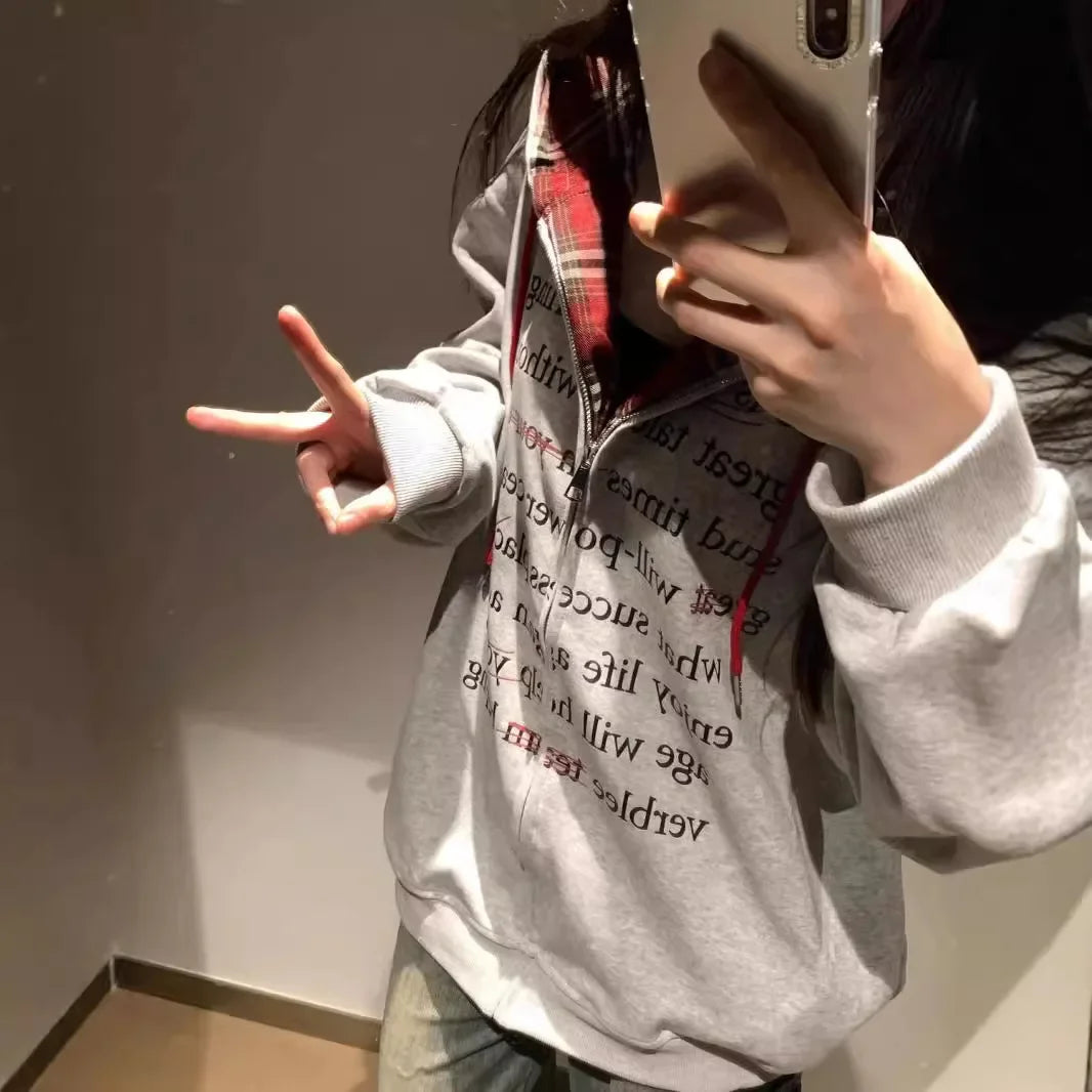 Hua Cotton Blend Milk Silk Hoodie Zipper Couple Jacket Retro Letter Patchwork Hat Sweatshirt 280g Vintage Style Women's Clothing
