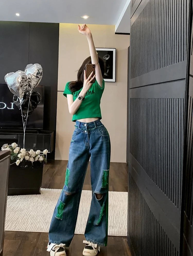 Wide Leg Denim Pants for Women Straight High Waist Shot Trousers Loosefit Fitted 2025 Quality Korean Fashion Woman Ripped Jeans