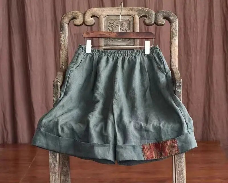 Women Retro Ethnic Style Patch Oversize Cotton Linen Short Pants Summer Female Casual High Waist Beach Shorts Pantalones Cortos