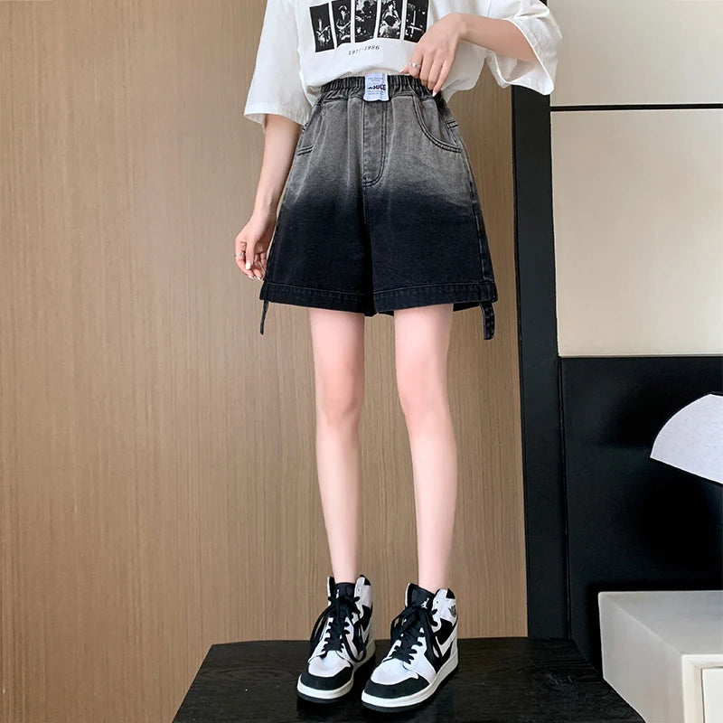 Gradient Plus Size Denim Shorts For Women Summer 2024 New High Elastic Waist Pockets Wide Leg Loose Jean Short Femme Hot Sale