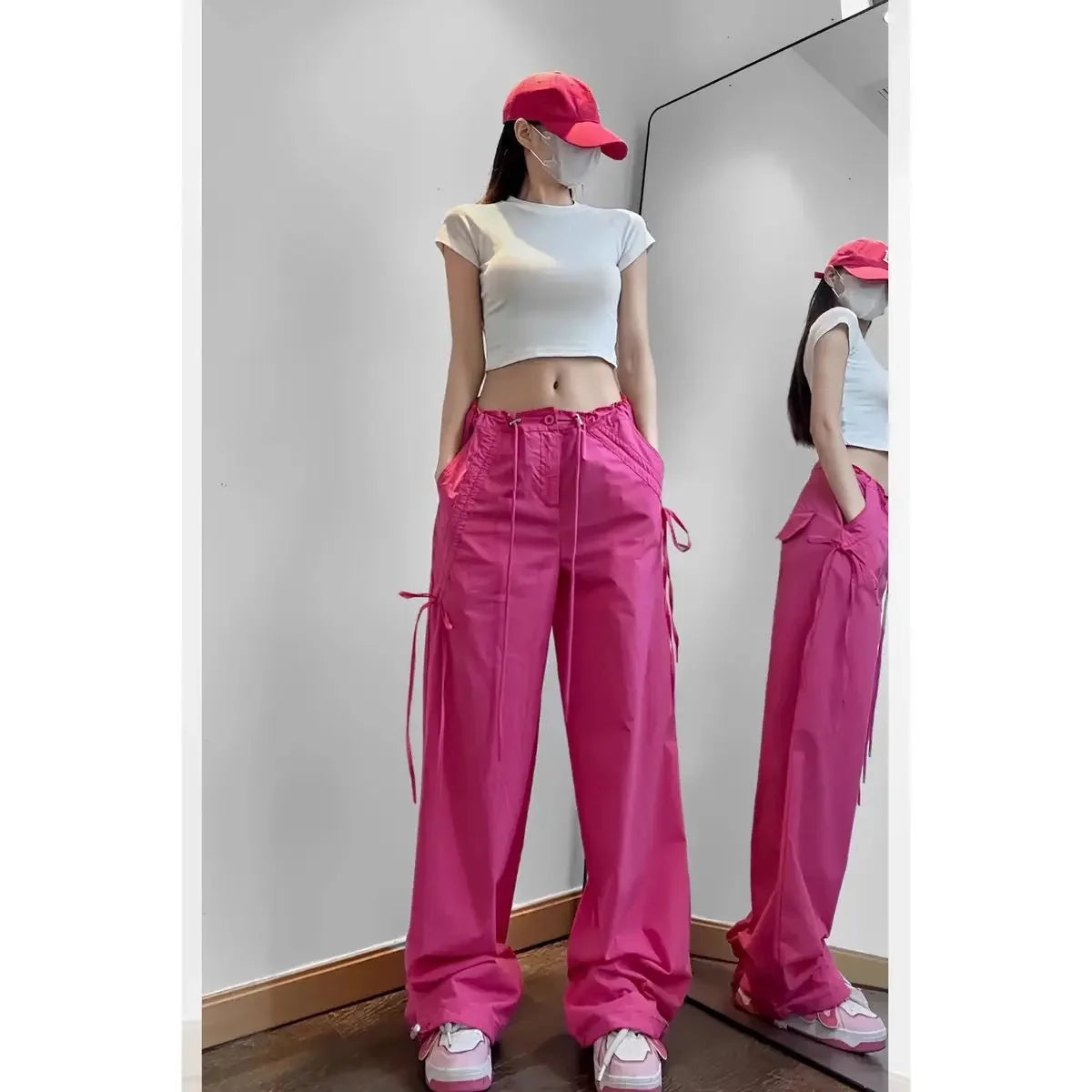 American Style Women's Summer Cargo Pants With Bowmint Green Drawstring Casual Bell Bottoms New 2024 Fashion Trend Long Pants