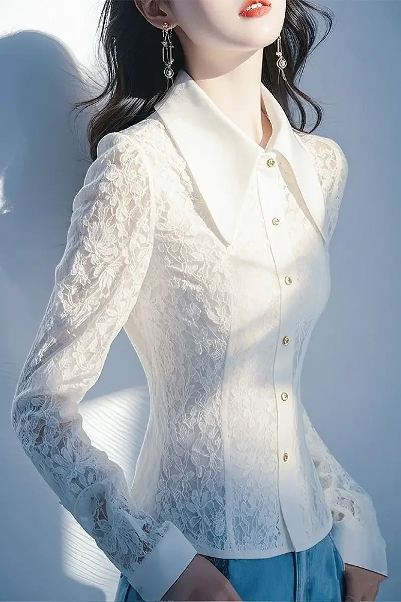 Single Row Multi-button White Lace Fashionable Shirt 2025 Early Spring New Fashionable French Waistclosing Long-sleeved Cardigan