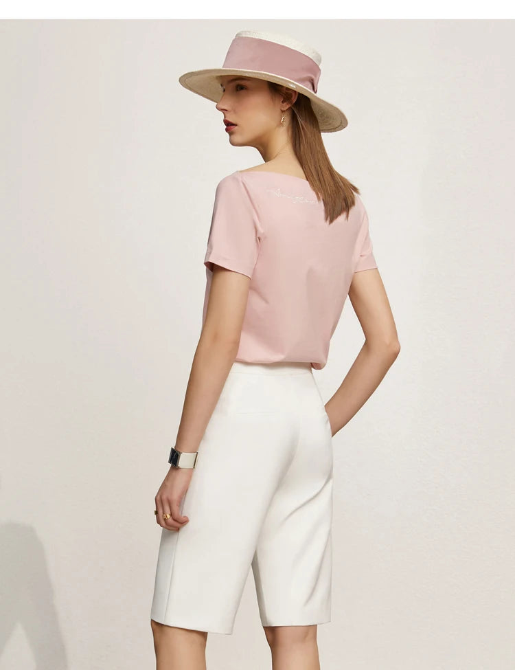 AMII Minimalism T-shirt Women 2023 Spring New Petite Niche Design All-match Office Lady Slash Neck Loose Embroidery Top 12342274