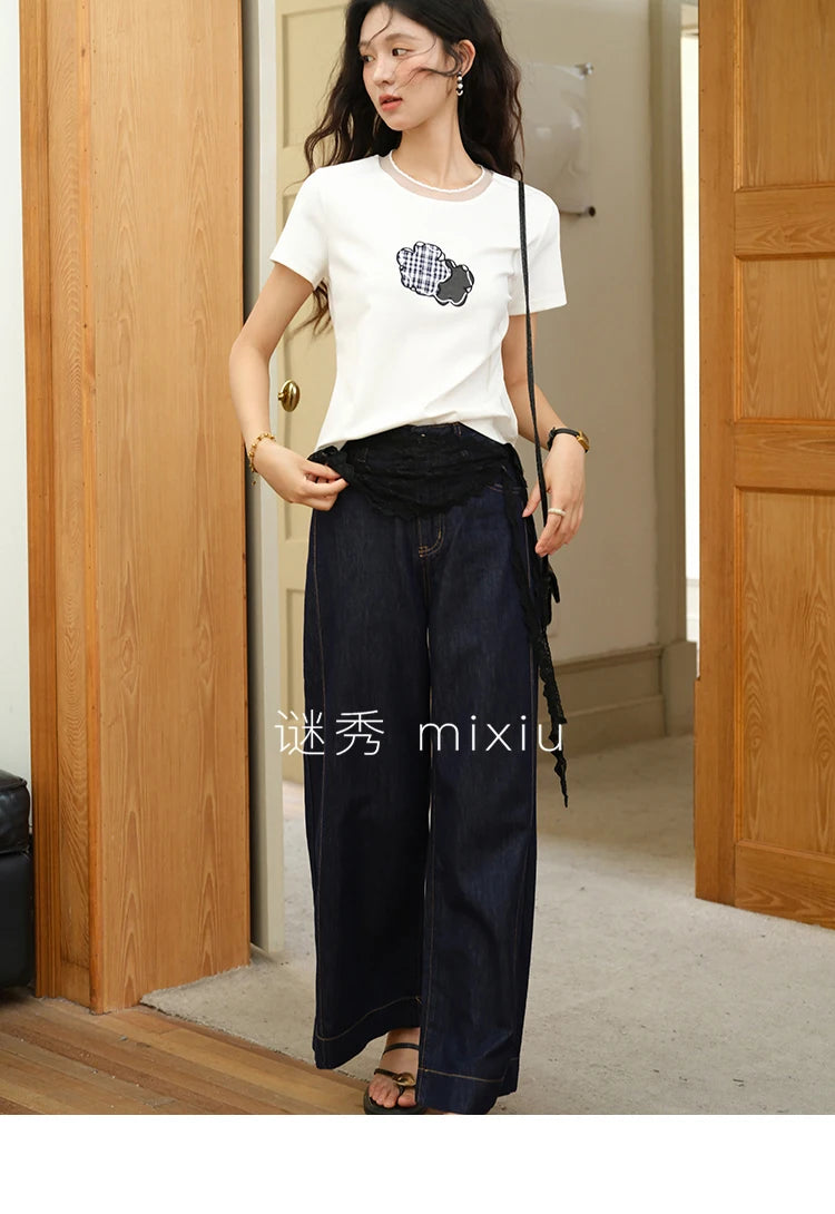 MISHOW Lace Edge Splicing Short Sleeve T-shirt for Women 2025 Summer Female Round Neck Simple Top Women's Clothing MXE38T0630