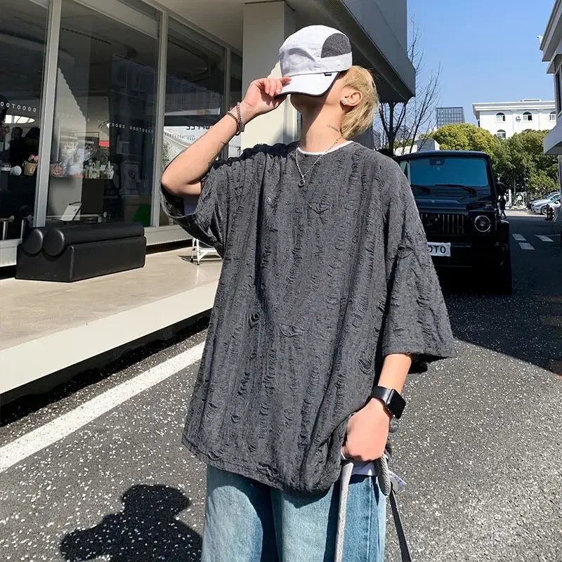 Male Tees Shirts American Style Five-point Sleeve Elasticity Men's T-shirt Oversized No Logo Ordinary Vintage Clothing Y2k Tops