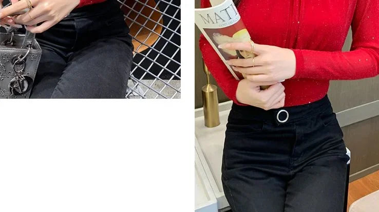 Sequin Long Sleeve T Shirt for Women Rhinestone Slim Plain Glitter Tops Woman Korean Popular Clothes With Sleeves Pulovers Kpop