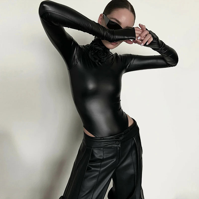 Hugcitar Fashion Pu Leather Black Turtleneck Tie Flower Long Sleeve Buttons Sexy Bodycon Bodysuit Women Party Overalls Romper