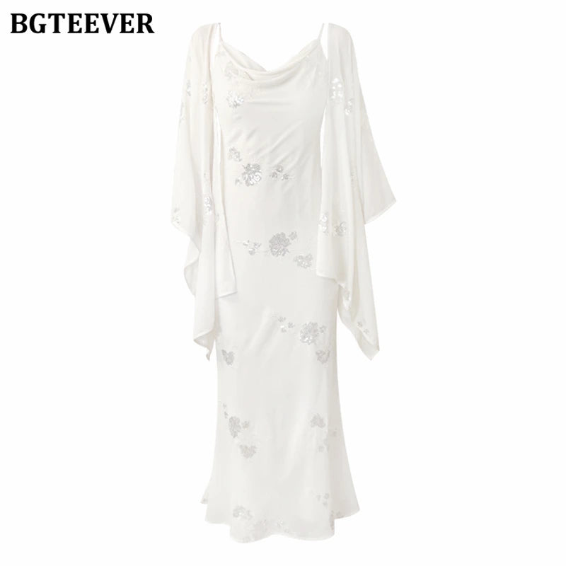 BGTEEVER Autumn Winte Slim OL Embroidery Set Long Sleeve Cardigans & Spaghetti Strap Package Hip Dress Ladies 2 Pieces Set