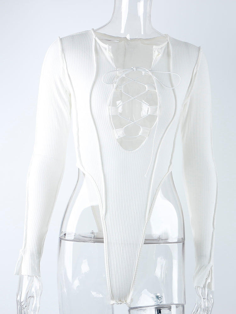 2023 Ribbed Knitted Long Sleeve Tie Up Sexy Bodysuit Bandage Patchwork Bodycon Club Party Body Women Outfit High Waist Top