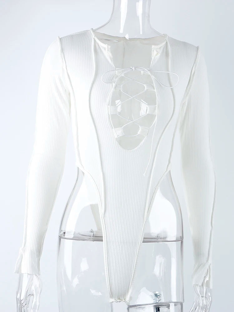 2023 Ribbed Knitted Long Sleeve Tie Up Sexy Bodysuit Bandage Patchwork Bodycon Club Party Body Women Outfit High Waist Top