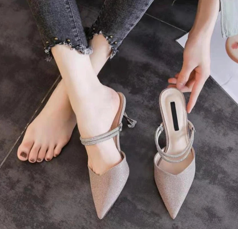 Pointed Toe Sandals for Women Thin Heels Half Pink Woman Shoes High Quality Vip Shoe Cheap Liquidation New Breathable Fashion