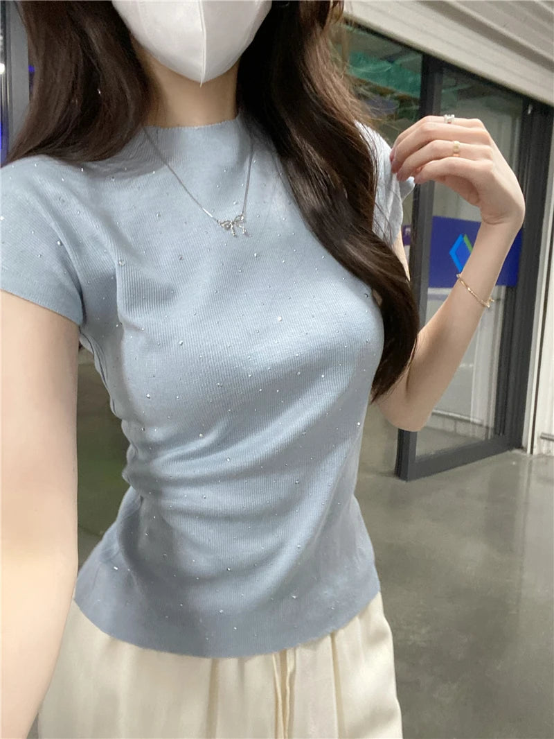 Blue Bead Knitted Top Women's Slim Fit ort Sve round Ne T-irt Summer 2025 New Design Commute Sle Knittedwear